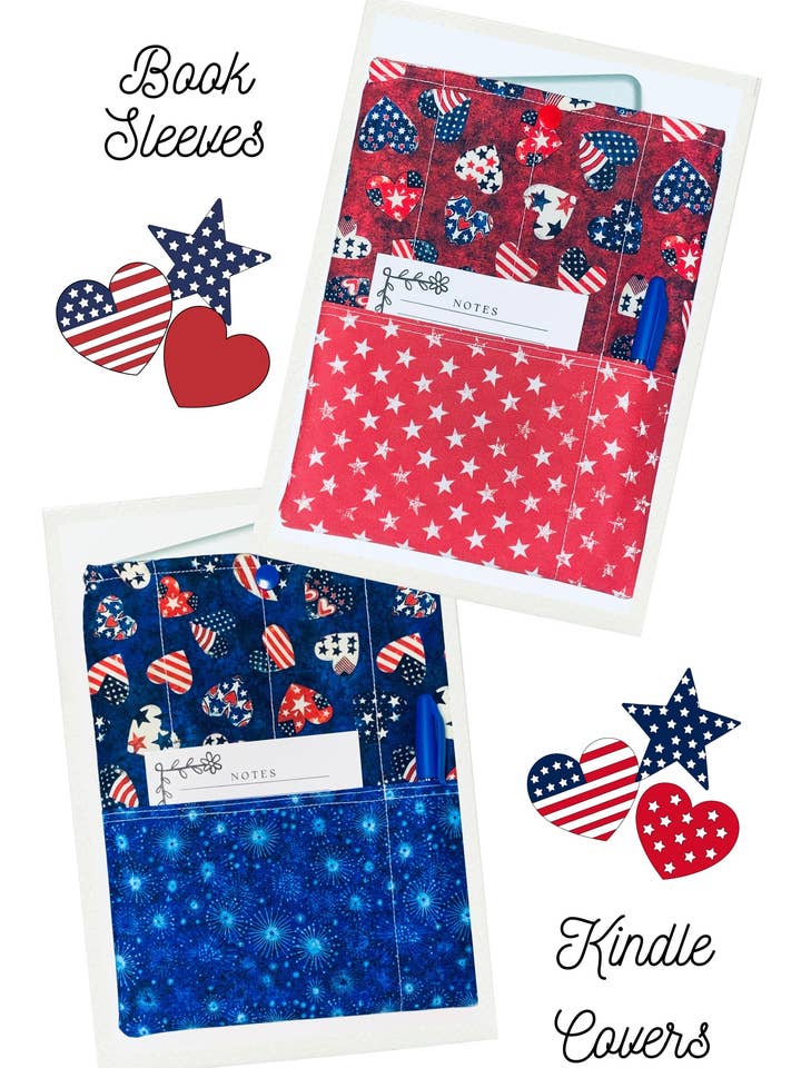 Quilted Tablet Sleeve or Book Sleeve Snap Closure Exterior Pockets - Patriotic Hearts Collection - Handmade - Small - 7" x 9" - Kindle Cozy - iPad Mini Cozy - Book Cozy for wholesale by Ann Gregory Designs