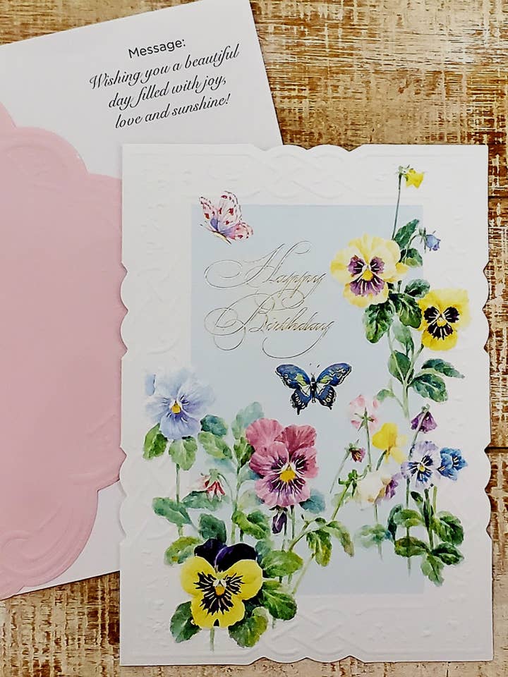 Carol Wilson Birthday Pansy and Butterfly Greeting Card CRG1 for wholesale by Carol Wilson Fine Arts Inc./For Arts Sake