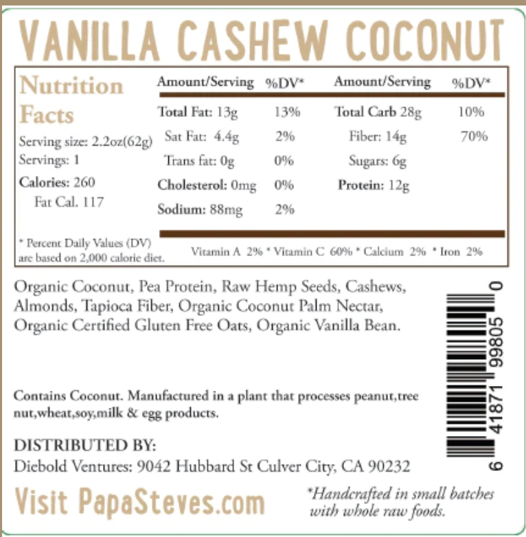 Papa Steve's No Junk Raw Protein Bars - Vendita all'ingrosso Barrette - Barra proteica alla vaniglia, anacardi e cocco1