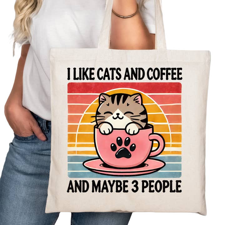Ich mag Katzen und Kaffee und drei Personen Buchliebhaber-Tragetasche – Lesetasche für Buchliebhaber – Buchlesertasche - Liebesroman-Lesertasche - Buchladen für den Großhandel von Purely Bookish