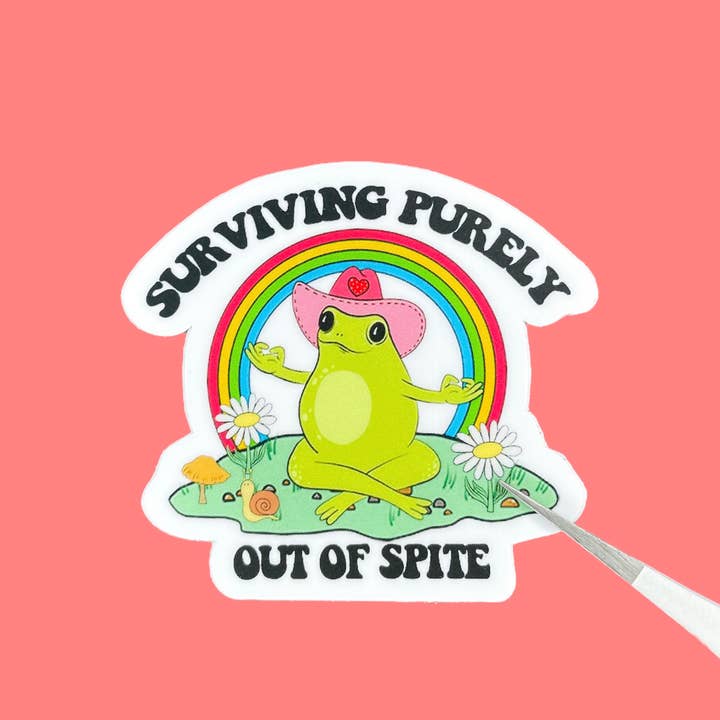 Funny Frog Surviving Out of Spite Relatable Sticker for wholesale by Seven Virgo Studios