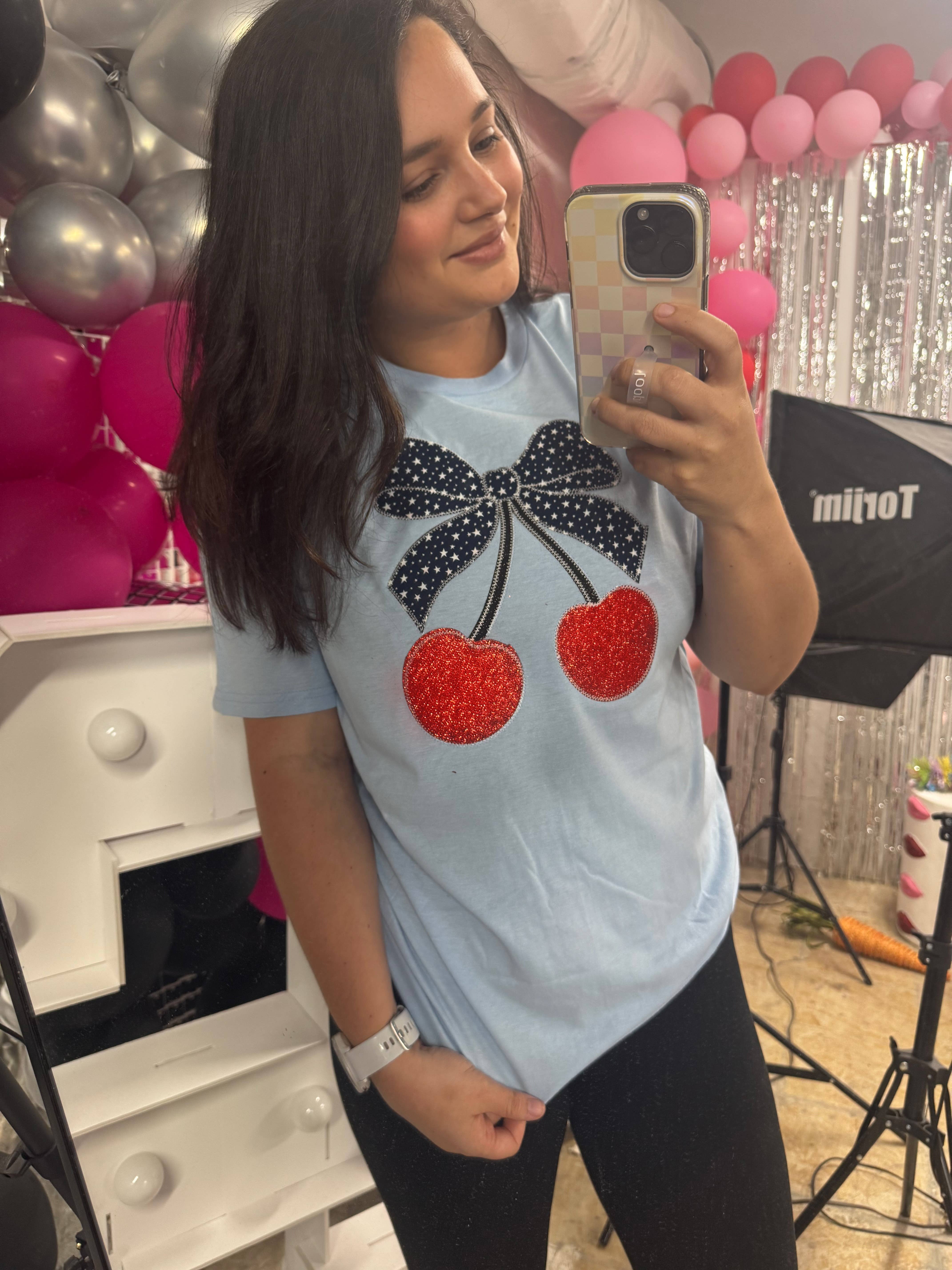 Shop Southern Belle - Wholesale T-Shirt - Women's - Cherries Bow USA Patriotic 4th of July Short Sleeve2