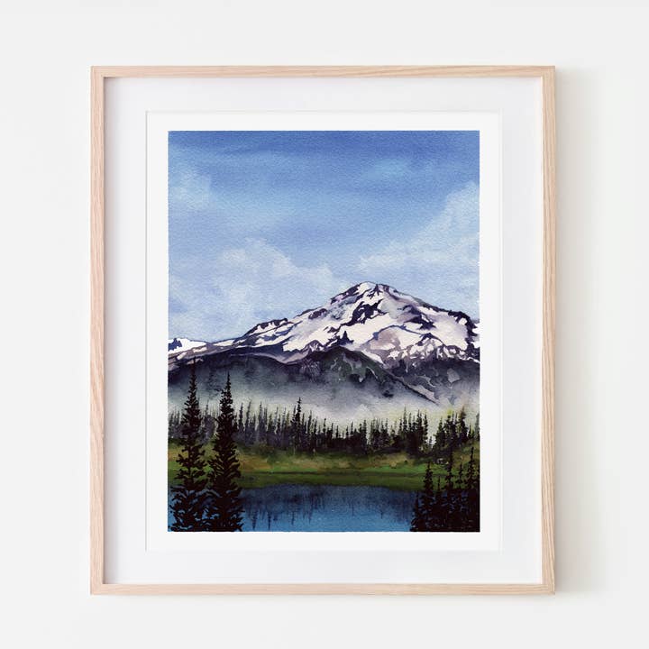 Impresión artística en acuarela Mt Rainier para venta al por mayor de Broken Paddle Studio