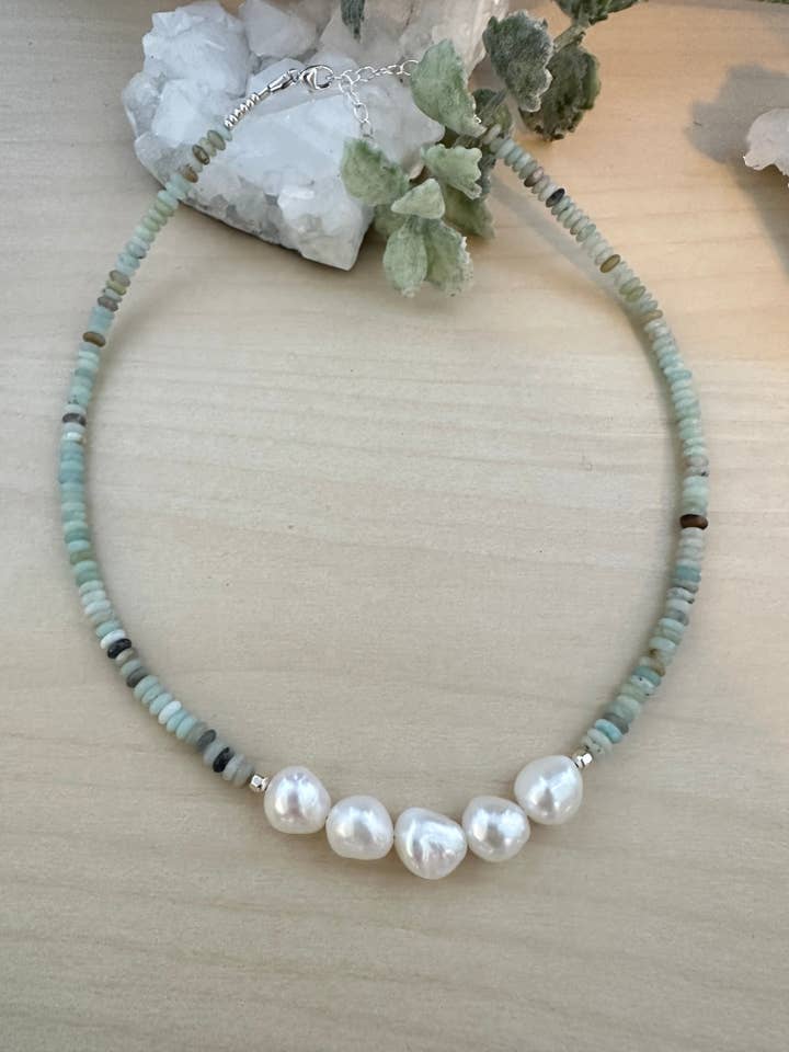 Amazonite and Pearl necklace for wholesale by Pyrite and Pearls