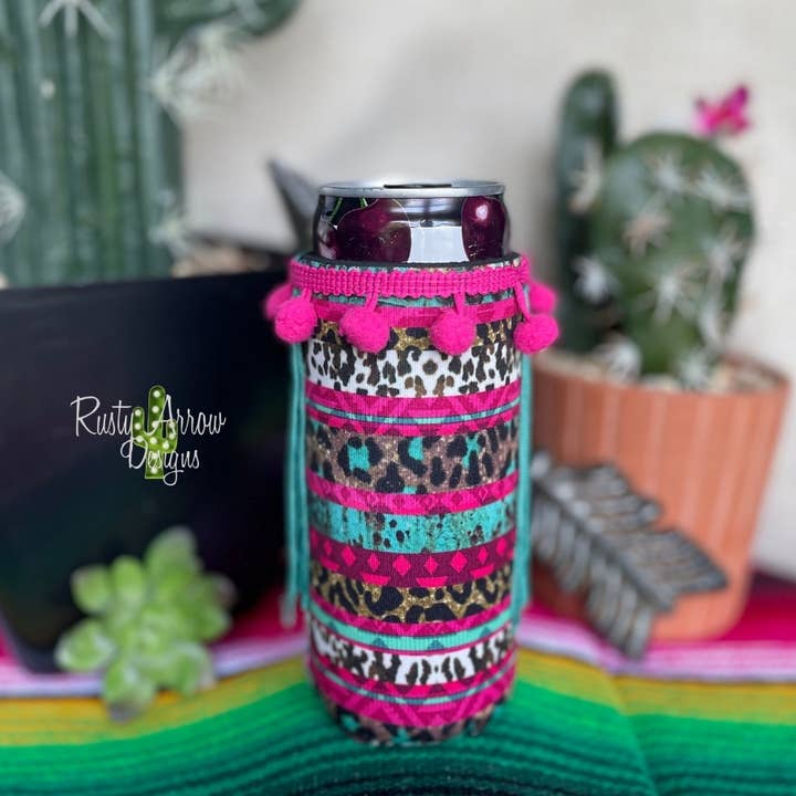 Slim Hot Pink Cheetah Stripes Fringe Koozie for wholesale by RAD Wholesale
