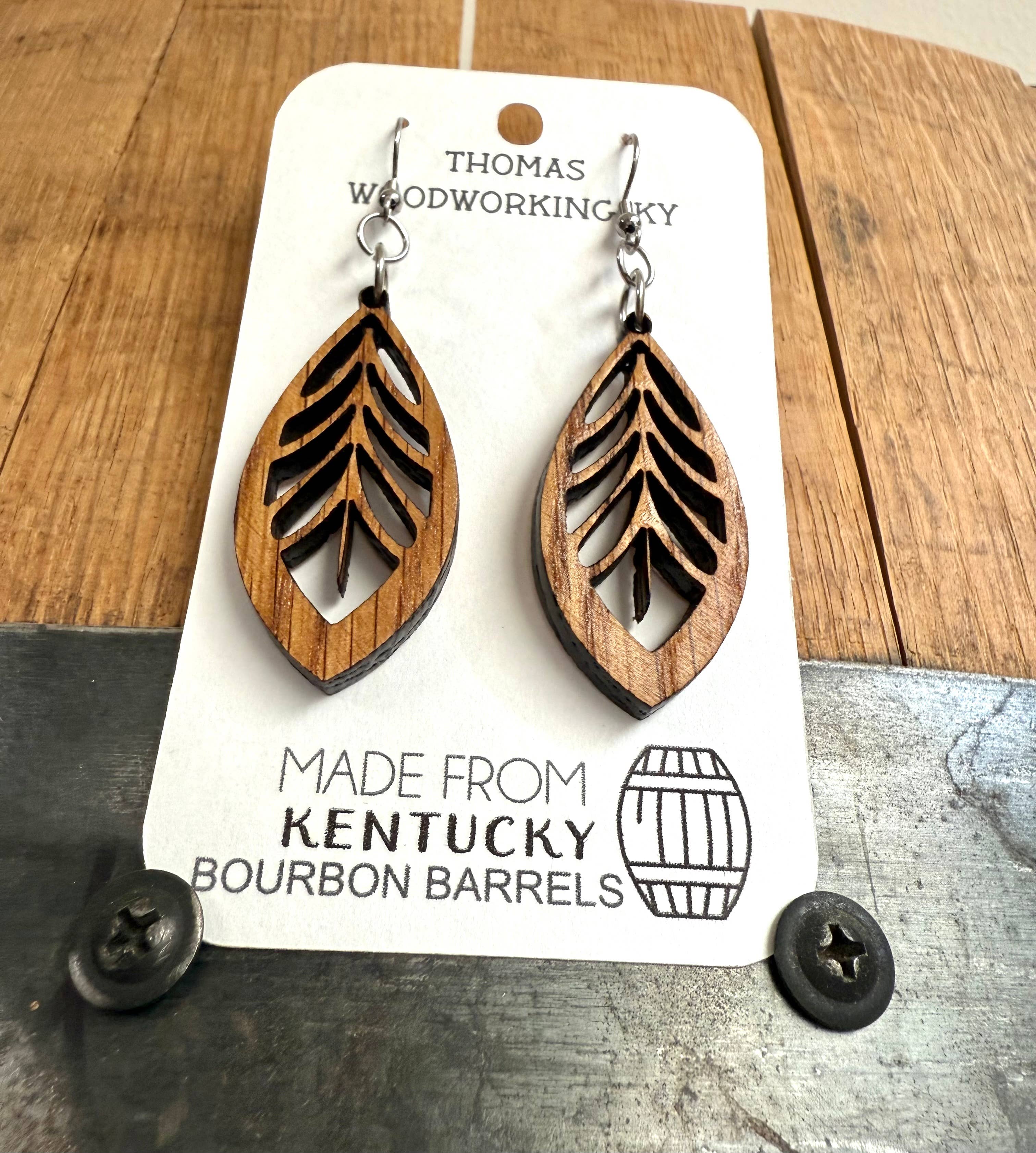 Brown Wood Bohemian Earrings made from bourbon whiskey barrels. for wholesale on Faire4