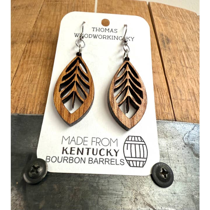 Brown Wood Bohemian Earrings made from bourbon whiskey barrels. for wholesale on Faire4