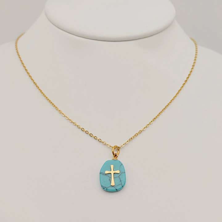 Mio Queena - Wholesale Pendant/Charm Necklace - Natural Stone Stainless Steel Cross Pendant Necklace - CS