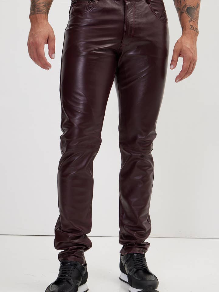 Men's Genuine Lambskin Leather Pants - Wine for wholesale by Ron Tomson