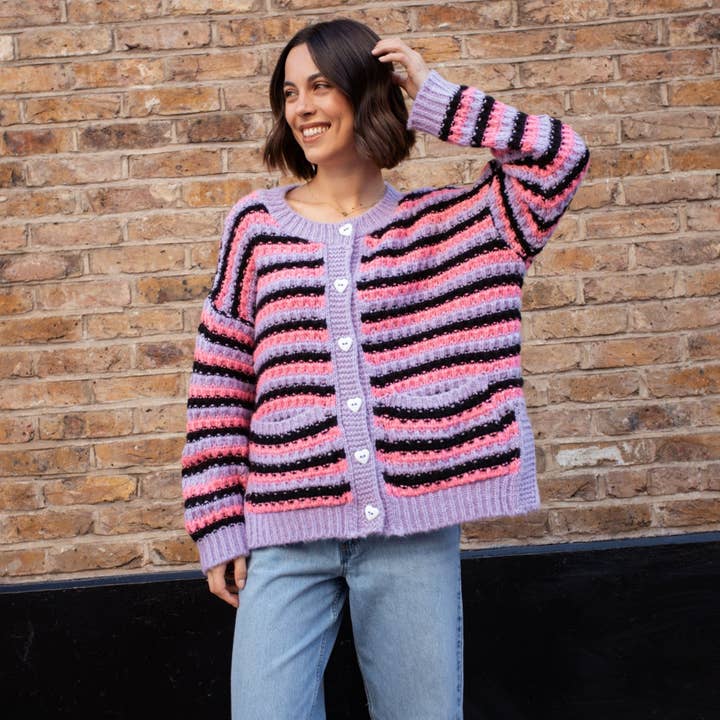 Cara & The Sky - Wholesale Cardigan - Women's - Bernice Stripe Cross Stitch Cardigan - Lilac24