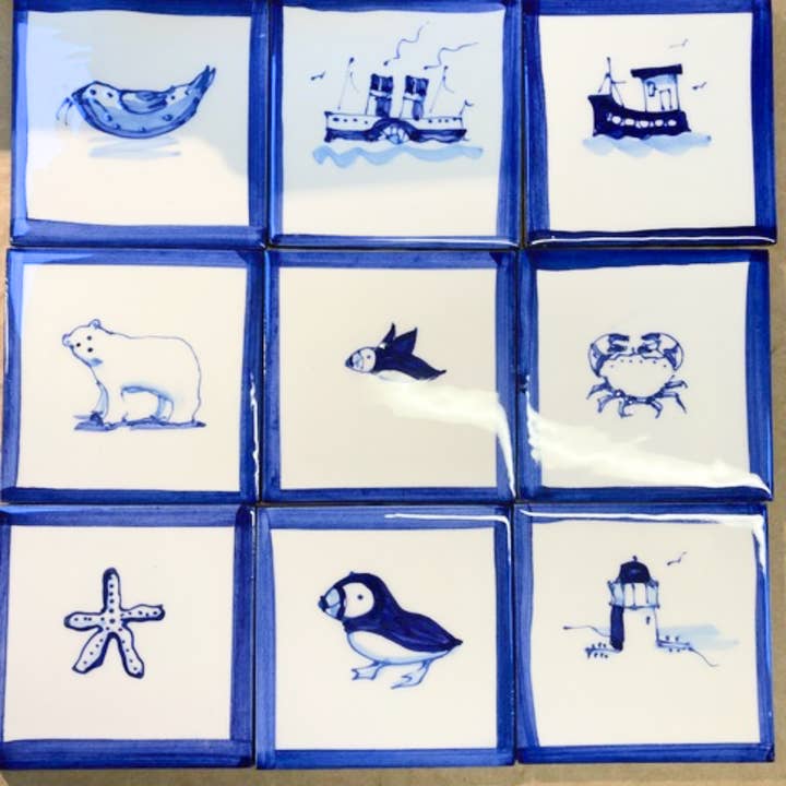 Elspeth Gardner Ceramics - Wholesale Wall Tile - Hand Painted delft style tile Puffer/Fishing boat 2 size opt