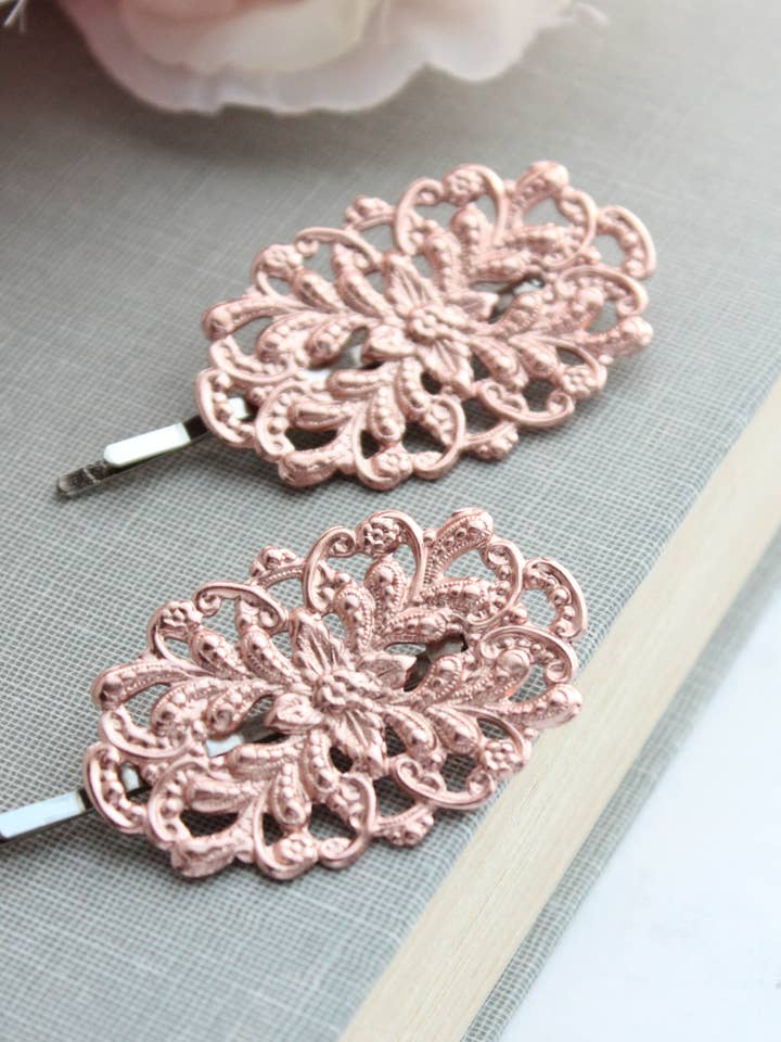 Filigree Bobby Pins - Rose Gold for wholesale by A Pocket of Posies
