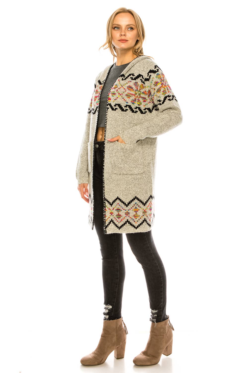 Oceanus Apparel - Wholesale Cardigan - Women's - OUG81327 Hooded floral patterned knit long cardigan sweater8