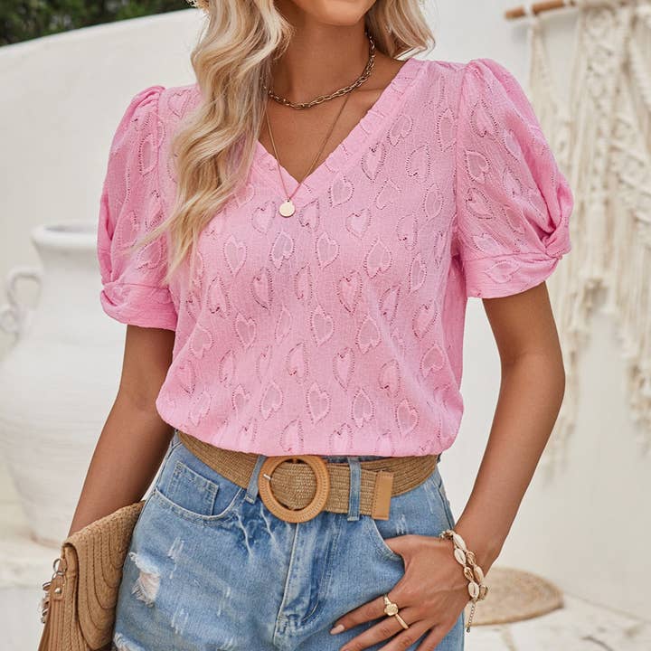 Rosa Clothing - Wholesale Blouse - Women's - Heart-Print V-Neck Twisted Cuff T-Shirt