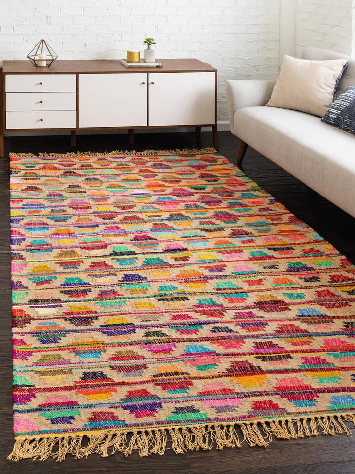 Geometric Chindi Trellis Rug - Beige with Multiple Colors for wholesale by Rug Mart