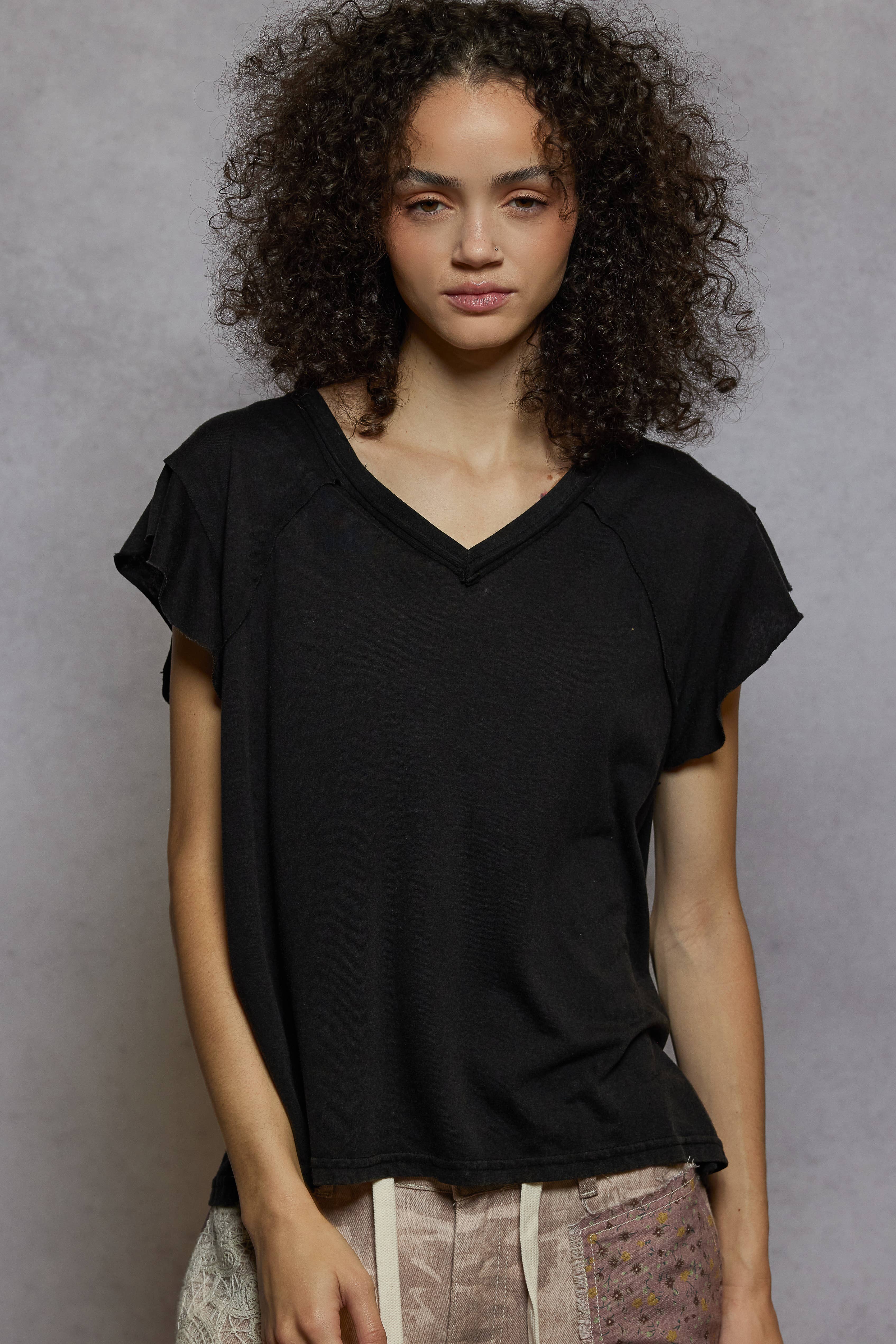 Pol Clothing - Wholesale T-Shirt - Women's - V-neck ruffle short sleeve solid basic cotton top37