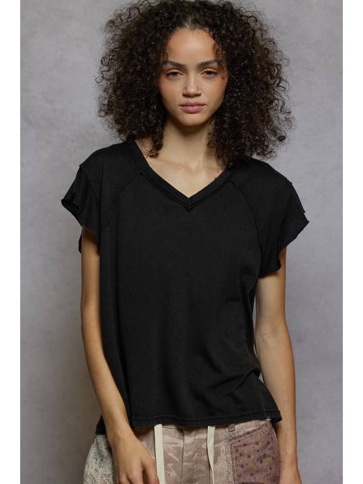 Pol Clothing - Wholesale T-Shirt - Women's - V-neck ruffle short sleeve solid basic cotton top37