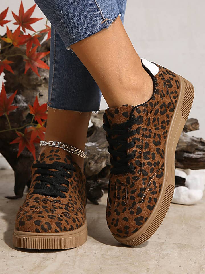 Leopard Print Contrast Heel Tab Patchwork Laceup Shoes for wholesale by 66DISCO