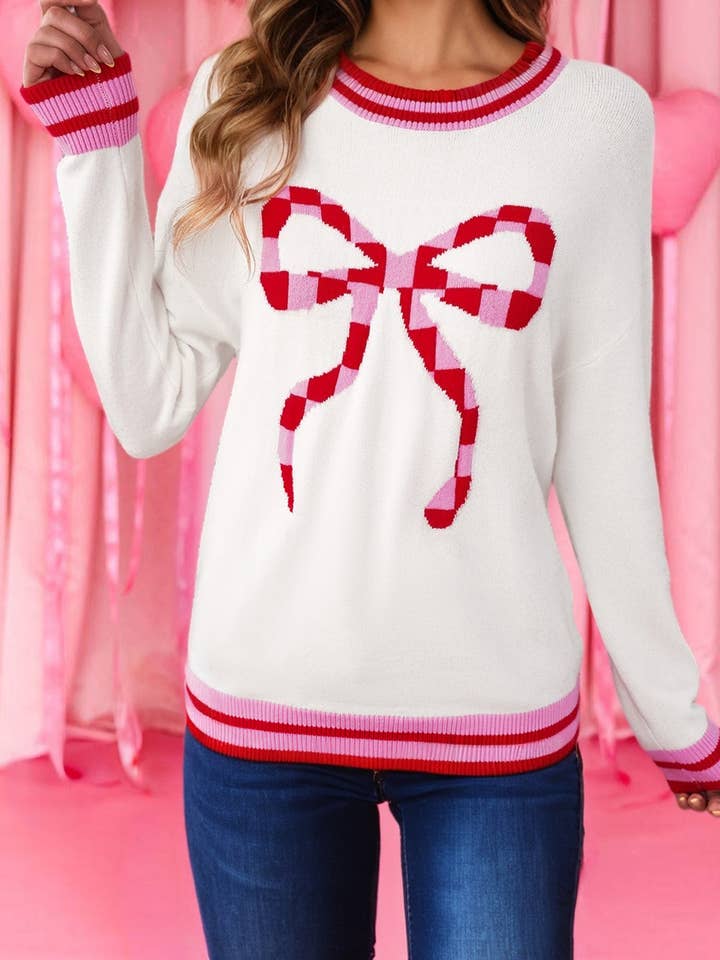Striped Trim Bow Graphic Drop Shoulder Sweater (S-XL) for wholesale by 66DISCO