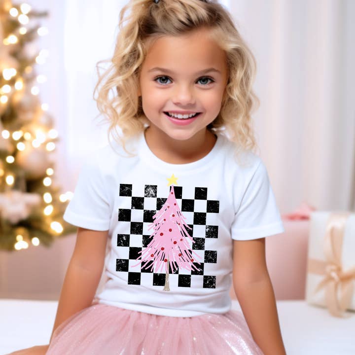 Checkered Pink Tree Kids Graphic Tee for wholesale by ZZ Threadz