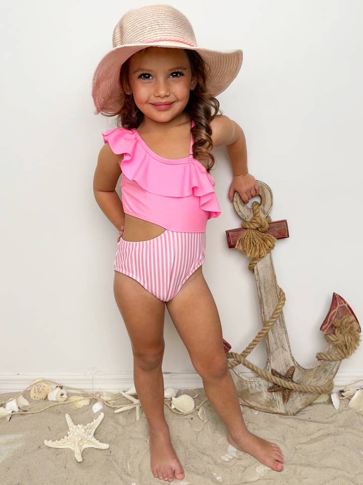 Pink Swimsuit w/ Stripe Details, Cut-Outs, & Ruffles for wholesale on Faire5