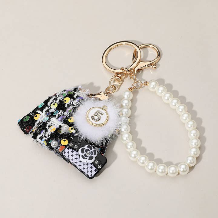 Sensibling Corp. - Wholesale Keychain – Women's - Sequin Beaded Pom Handbag Tweed Jacket Pearl Bag Charm