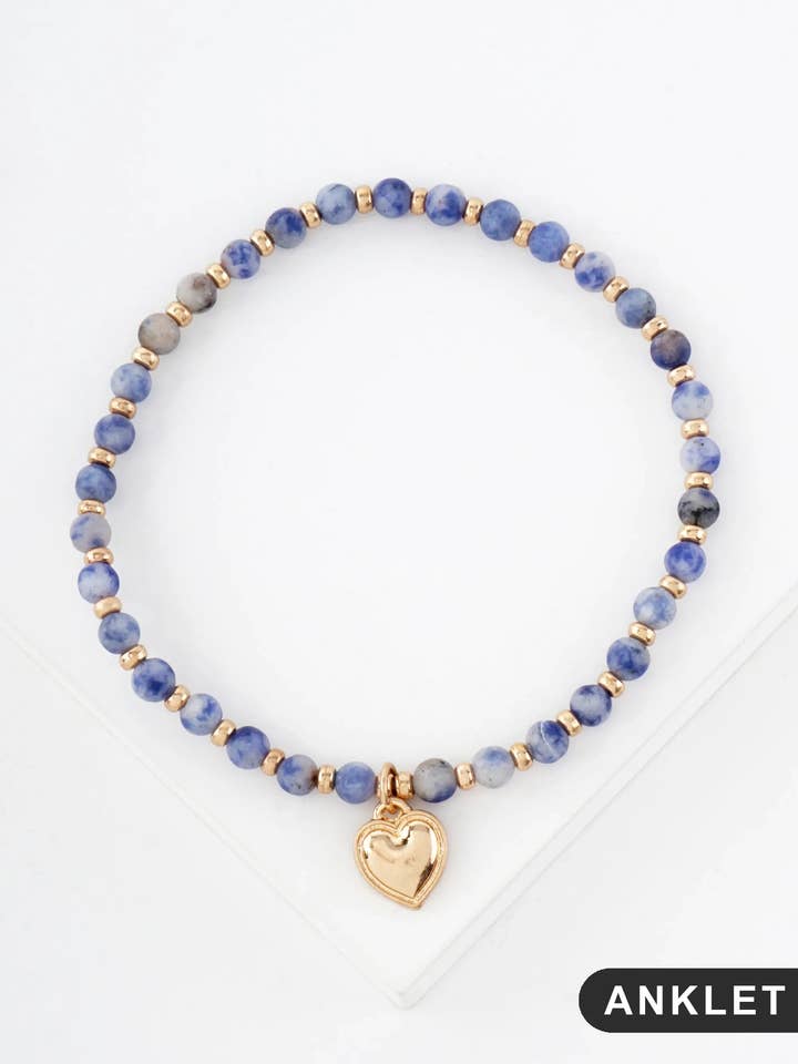 Semi-Precious Natural-Stone Glass-Beaded Heart Charm Stretch Anklet for wholesale by Wild Honey