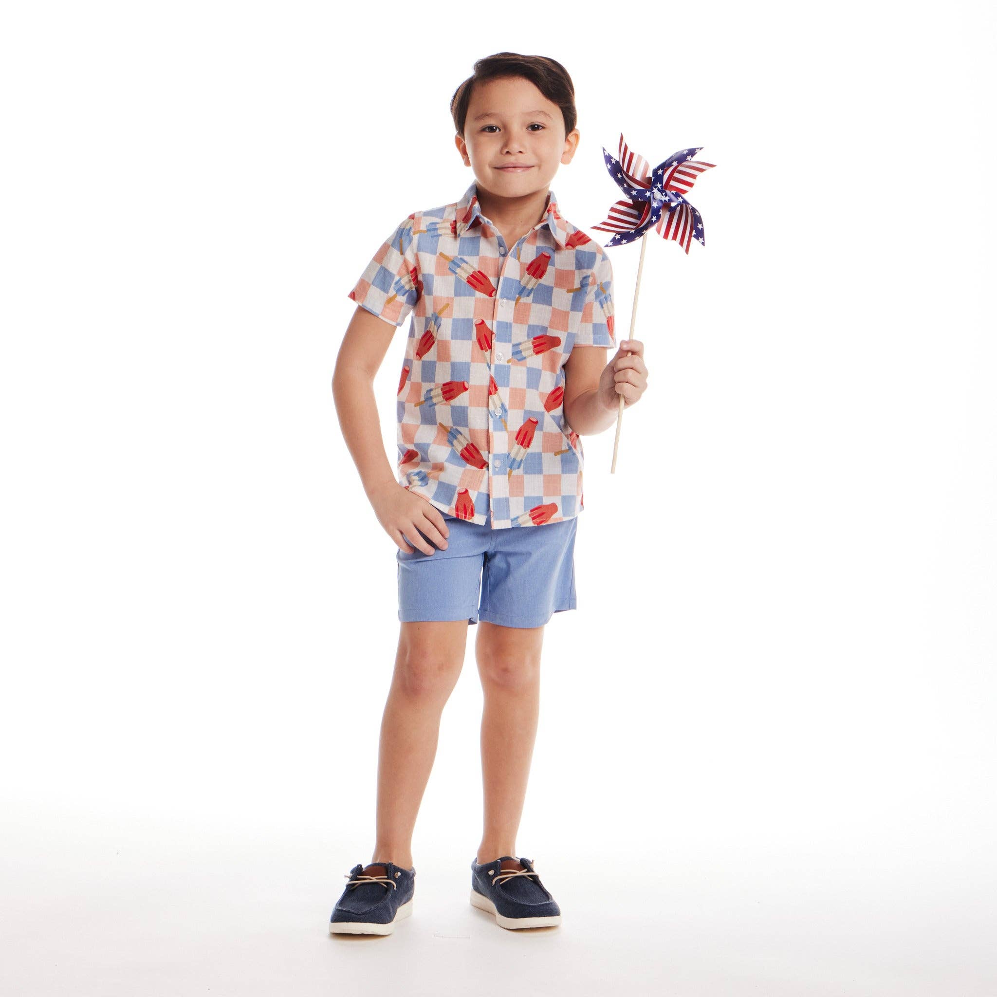 White Kids (2-8) Buttondown & Short Set | Checkered Ice Pop for wholesale on Faire2
