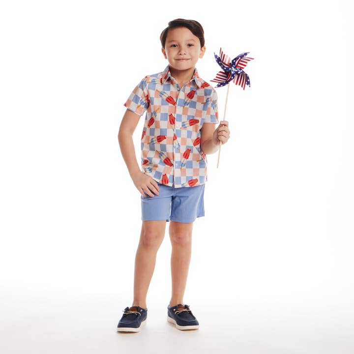 White Kids (2-8) Buttondown & Short Set | Checkered Ice Pop for wholesale on Faire2