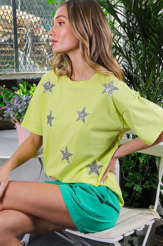 Vine & Love - Wholesale Knit Top - Women's - Star Sequin Crew Neck 100%Cotton Knit Top VT816172