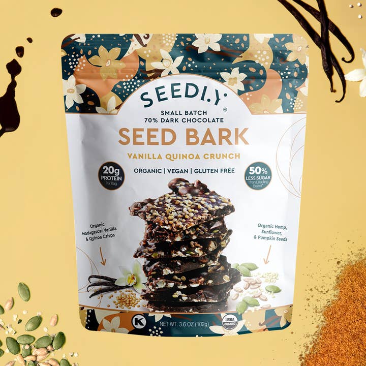 SEEDLY Foods - Wholesale Chocolate Bar - SEEDLY, Vanilla Quinoa Crunch, Dark Chocolate Bark, 3.6 Oz.