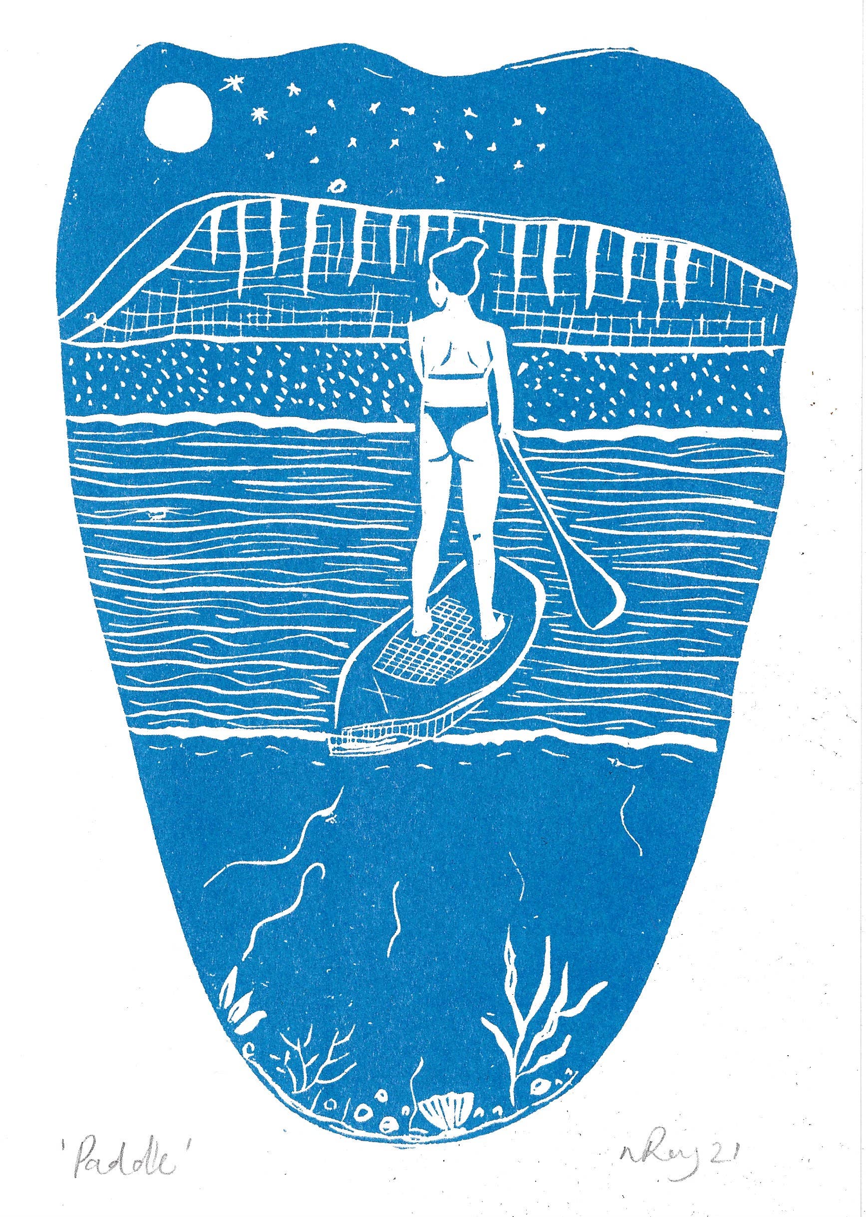 Prints by the Bay - Wholesale Art Print - Paddle riso print, paddleboard, water, sea, beach, ocean1