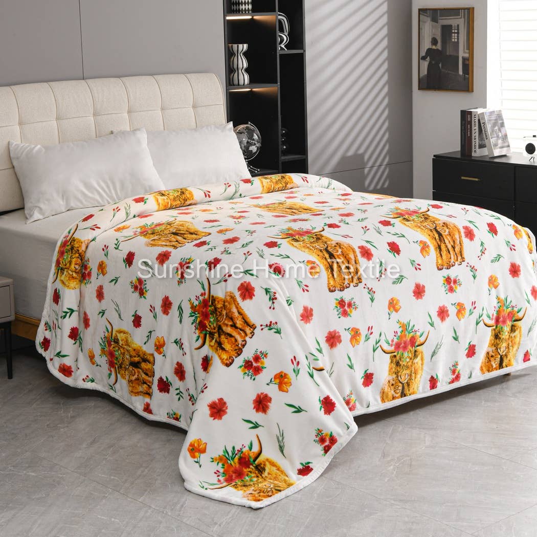 Sunshine Home Textile – Cobertor de cama por atacado – Manta de pelúcia super macia Highland Cows King Size1