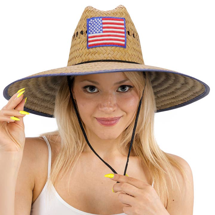 NATURAL NAVY BLUE American Flag Patch Vented Straw Lifeguard Hat for wholesale on Faire