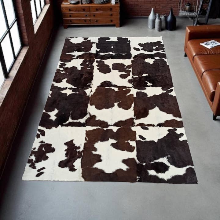 Brown and White Patchwork Cowhide Rug for wholesale by Karelias And Sons