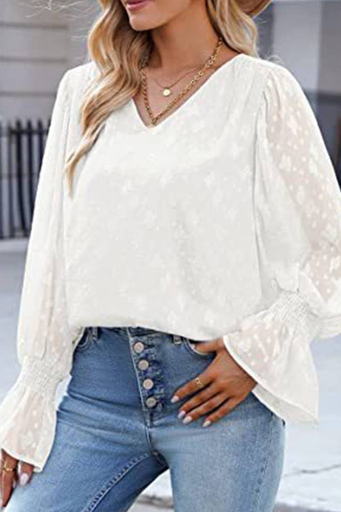 UNISHE - Wholesale Blouse - Women's - V Neck Lace Sheer Flare Sleeves Blouse AXR00518