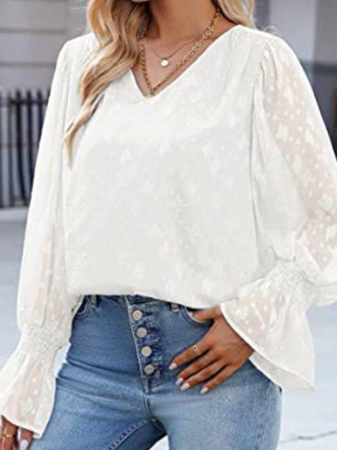 UNISHE - Wholesale Blouse - Women's - V Neck Lace Sheer Flare Sleeves Blouse AXR00518