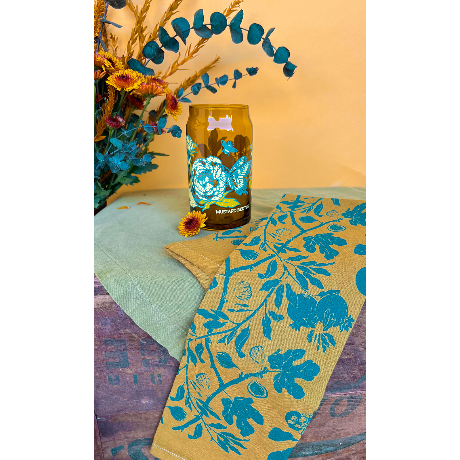 Mustard Beetle - Wholesale Tea Towel - Hand Dyed + Screenprinted Organic Cotton Tea Towel: Figs1