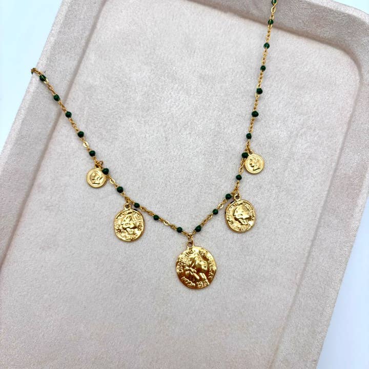 Mörkgrön emaljerad kedjehalsband med mynt för wholesale av joya
