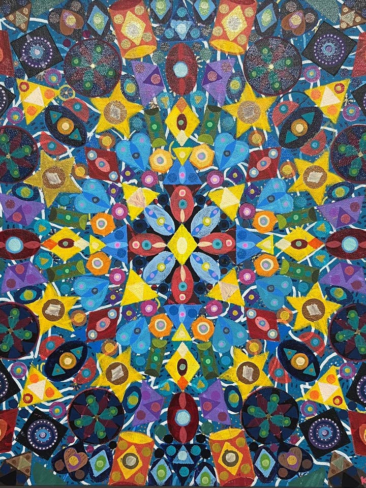 Les marteaux de mon cœur. Marqueurs à l'acrylique et à l'huile sur toile. 20 « x 20". Oeuvre de John Kline. Peinture moderne abstraite radiale pour la vente par John Kline Artwork