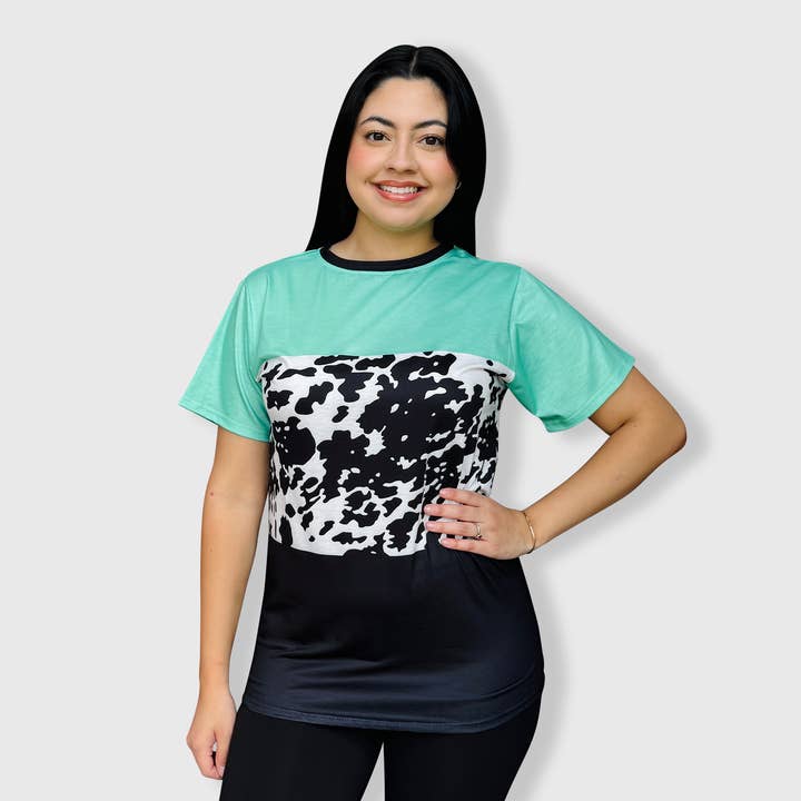 Color Block Cow Black Mint Top for wholesale by ILTEX Apparel