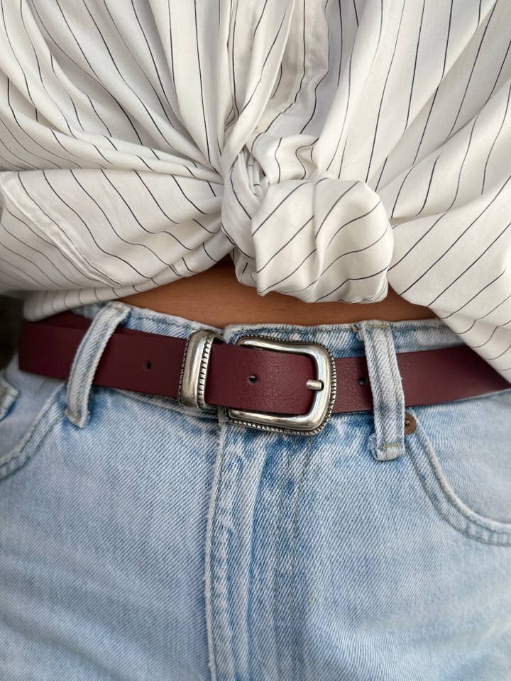 Women Bordeaux Leather Belt with Silver Decorative Buckles for wholesale by Christina Christi
