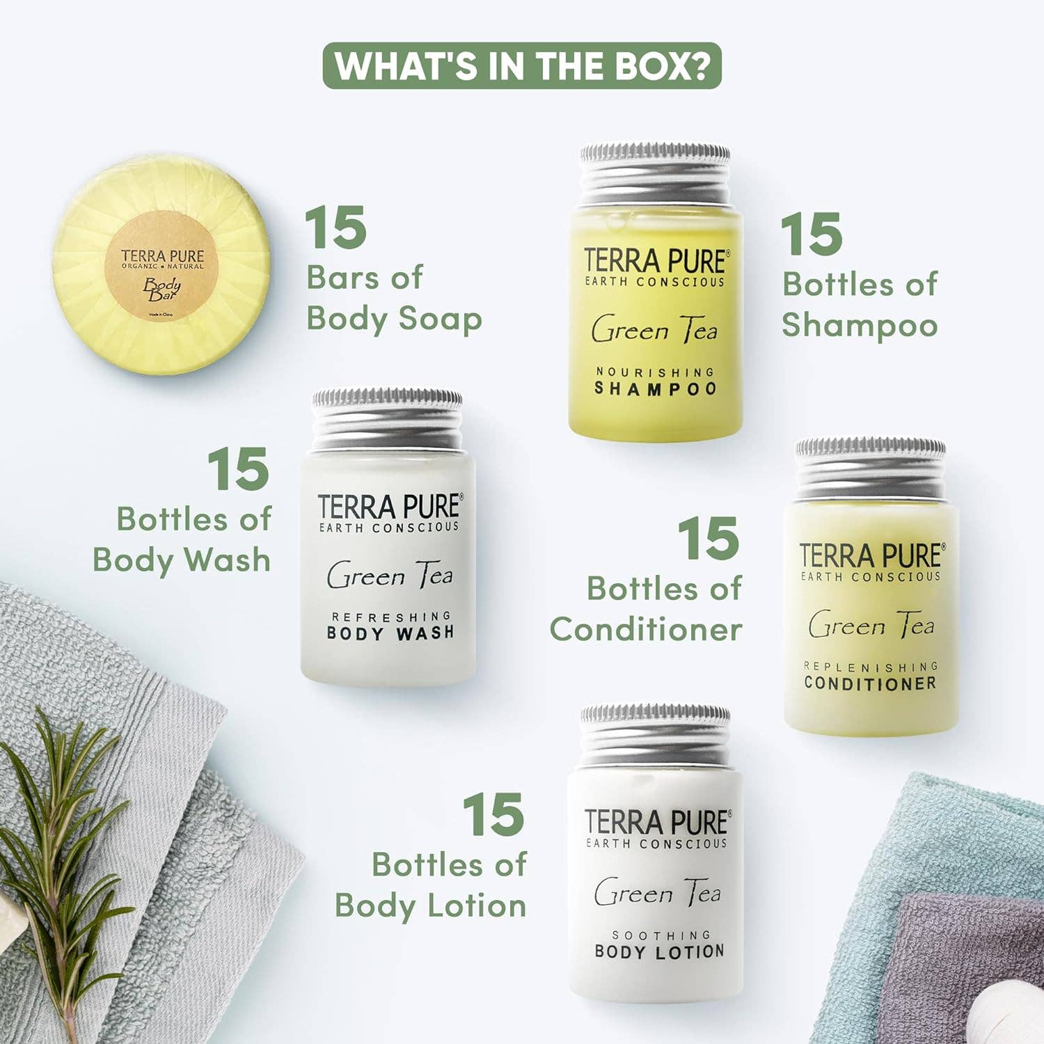 Diversified Hospitality Solutions - Wholesale Bath & Body Set - Terra Pure Hotel Soaps and Toiletries Bulk Set | 1-Shoppe All-In-Kit Amenities for Hotels | 1 oz. Hotel Shampoo & Conditioner, Body Wash, Body Lotion & 1.25oz Bar Soap Travel Size Toiletries | 75 Pieces2