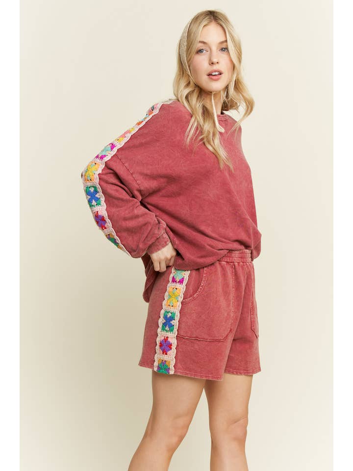 J.Her - Wholesale Shorts - Women's - Mineral Washed Crochet patch side trim Knit Shorts HP648727