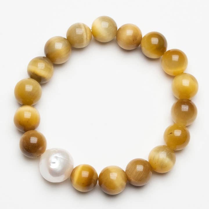 Armband med elastiskt band av gyllene tigeröga och vit pärla för wholesale av Naturagems