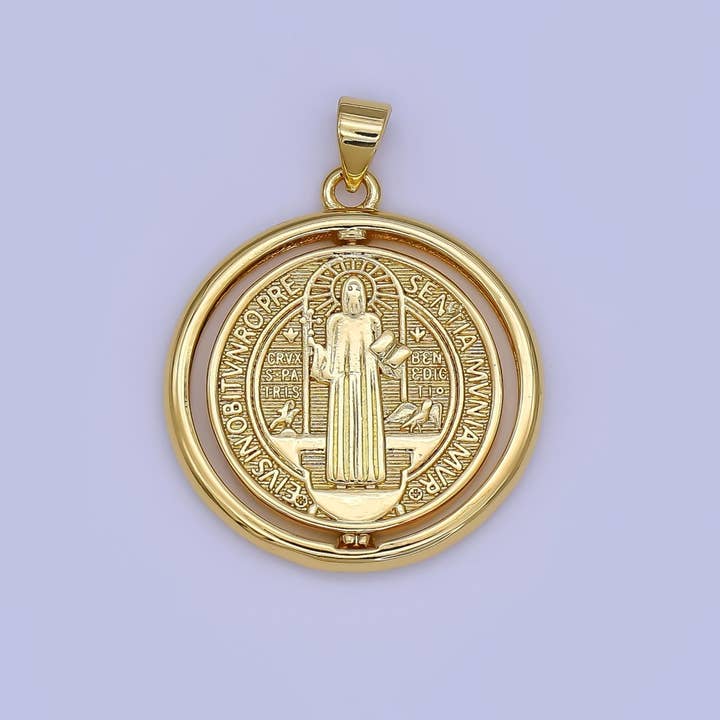 24K Gold Filled Saint Benedict Religious Figure Round Pendant | AH452 for wholesale by Aim Eternal