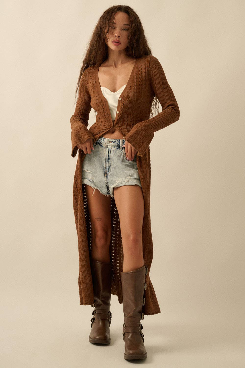 Promesa USA – Engroshandel Cardigan - Dame – Pointelle ribstrikket cardigan med trompetærmer9