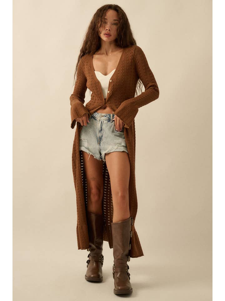 Promesa USA – Engroshandel Cardigan - Dame – Pointelle ribstrikket cardigan med trompetærmer9