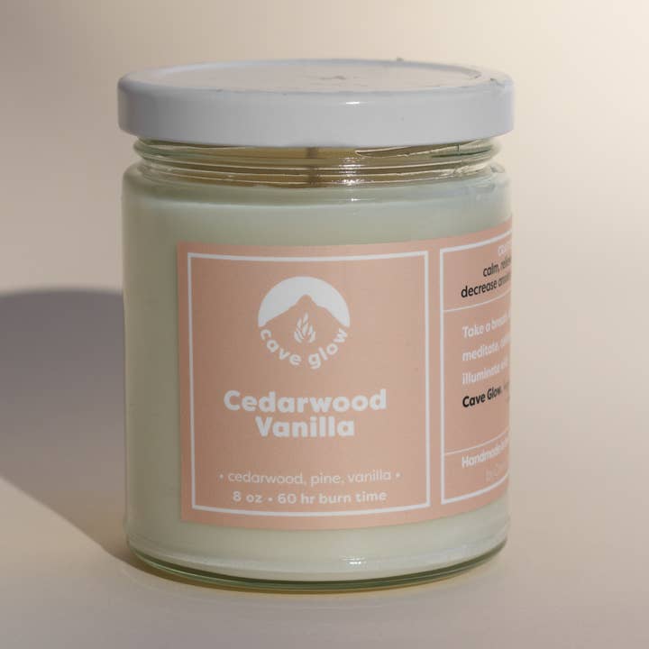 Cedarwood Vanilla 8oz Soy Wax Scented Jar Candle for wholesale by Cave Glow Studio