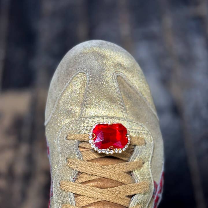 Faux Ruby Rhinestone Shoe Charms – Red Sparkle Lace Clips - Set of 2 for wholesale by Rainbow Unicorn Birthday Surprise